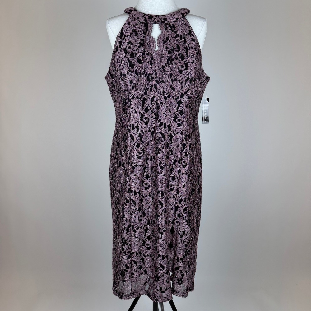 NWD R&M Richards Metallic Pink Black Lace Halter Neck Evening Dress Petite 14P